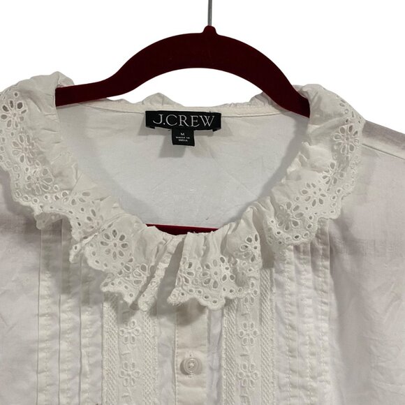 J. Crew Eyelet-Trim Ruffle Button Up White Shirt Size M - Picture 2 of 9
